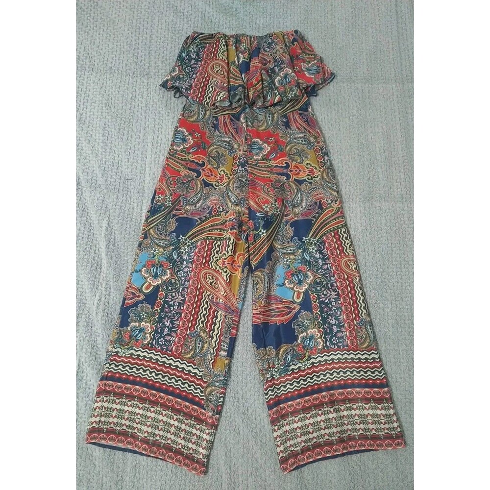 Ranna Gill Anthropologie Strapless Wide Leg Ruffled Romper Size 4 Bohemian Beacy